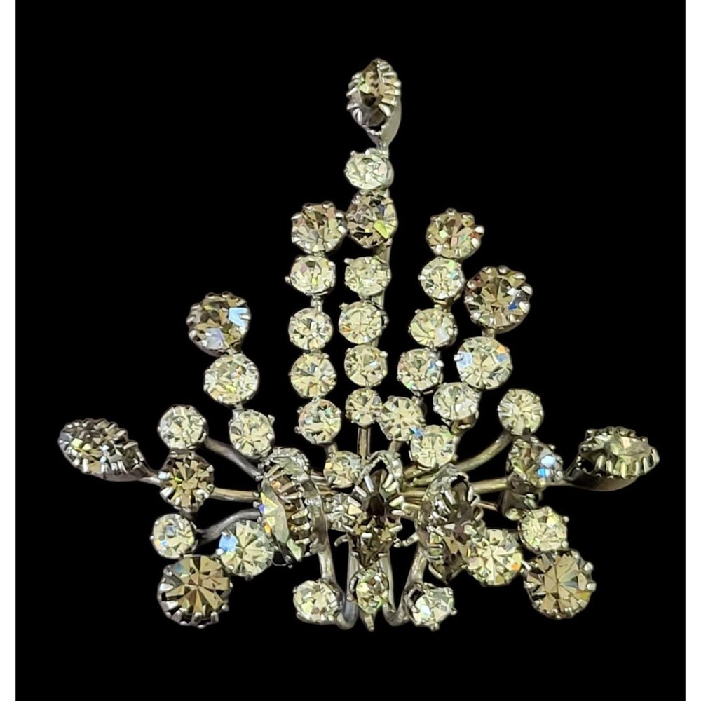 Karu Austria Spray Vintage Brooch With Dog Tooth Setting Grey & Clear Rhinestone